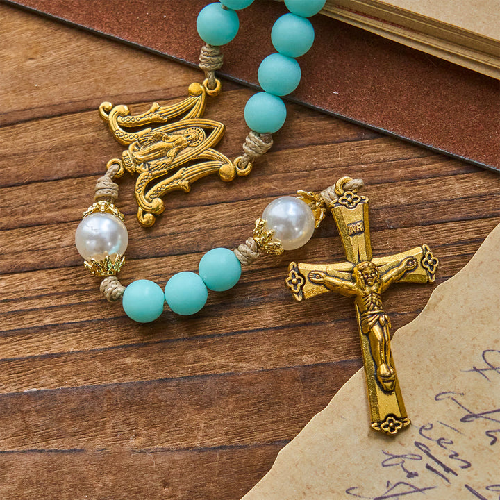 Christianartworkshop Handmade Mint Green Beads & Pearl with Miraculous Medal & Crucifix Rosary - image 4