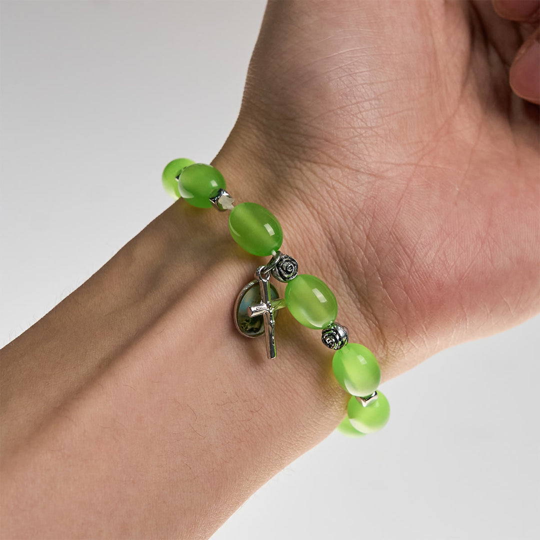 Christianartworkshop St. Jude & Crucifix Pendant Green Clear Beads Rose Bracelet - image 4