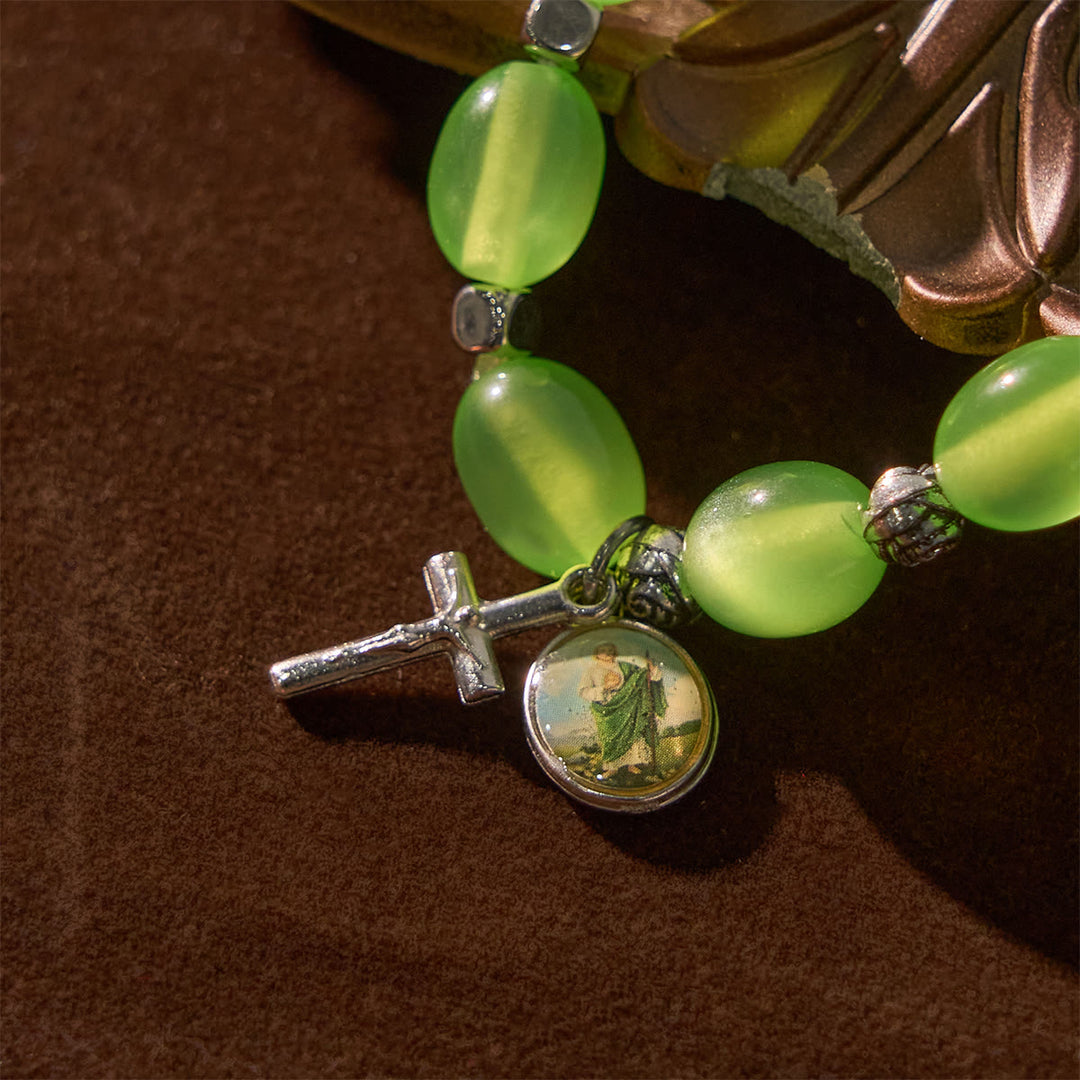 Christianartworkshop St. Jude & Crucifix Pendant Green Clear Beads Rose Bracelet - image 2