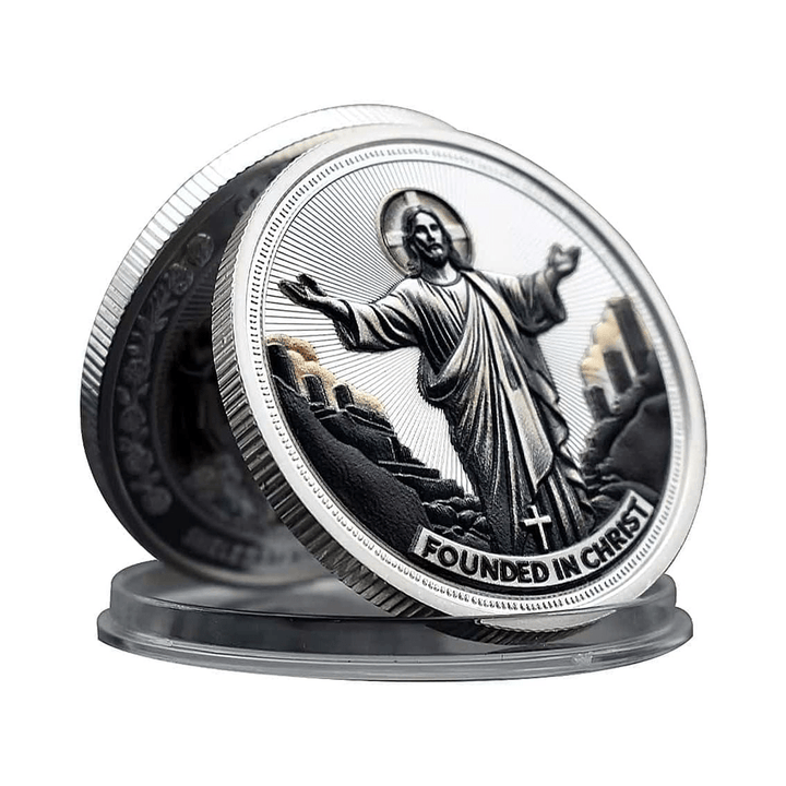 Christianartworkshop Golden/Silver Jesus Love Founded In Christ Dove & Cross Challenge Coin - Silver - image 2