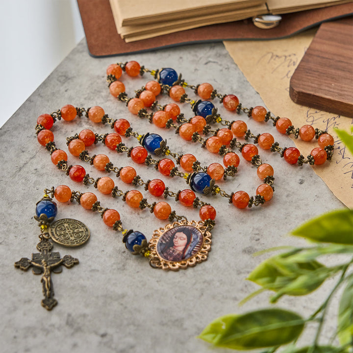 Christianartworkshop Handmade Orange Chalcedony Our Lady St. Benedict Medal Rosary - Orange Chalcedony - image 0