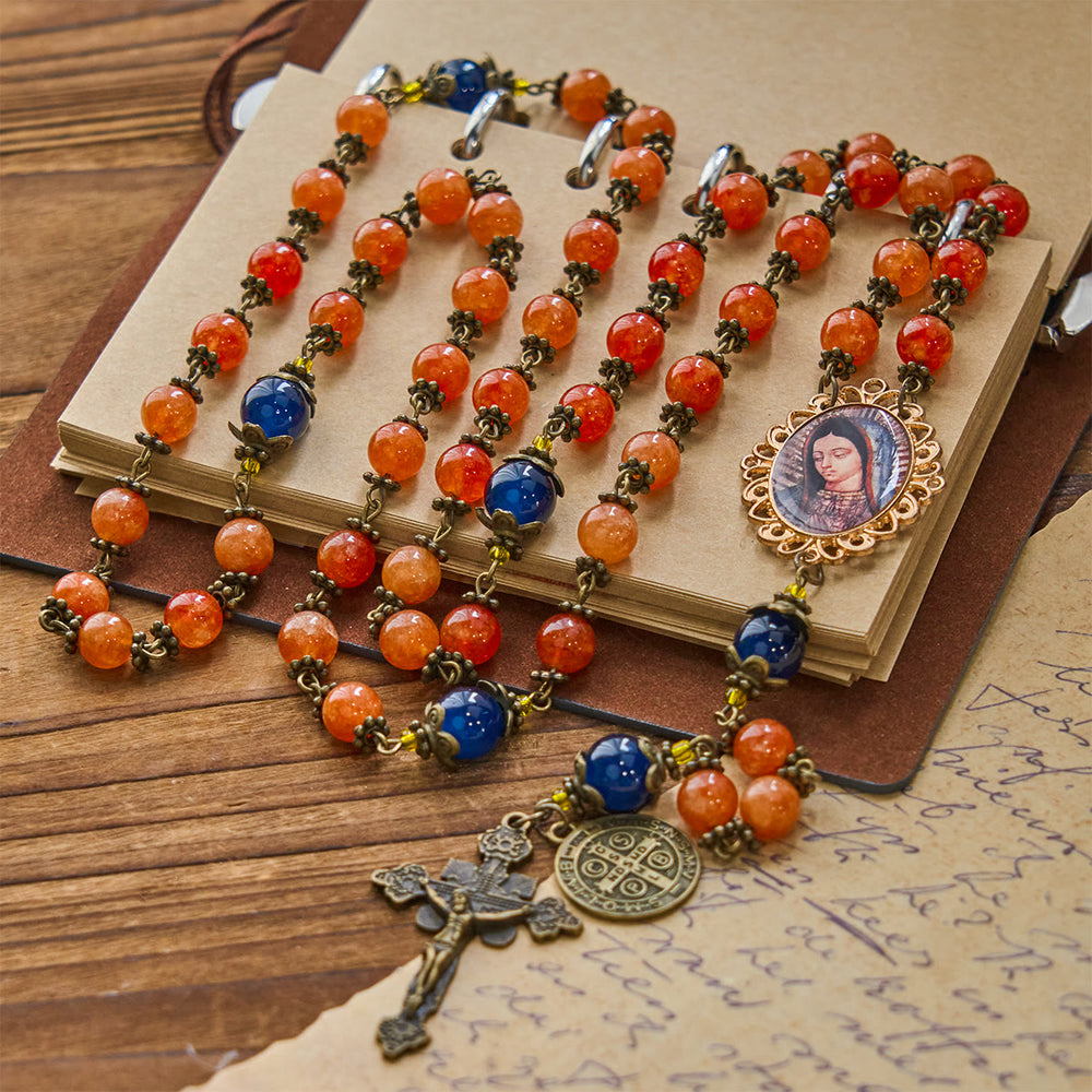 Christianartworkshop Handmade Orange Chalcedony Our Lady St. Benedict Medal Rosary - image 1