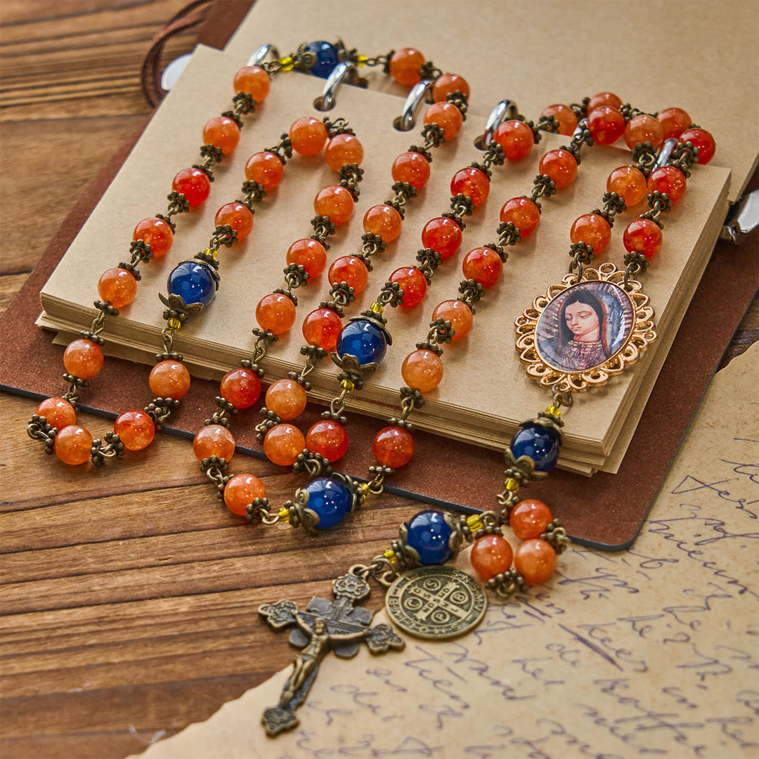 Christianartworkshop Handmade Orange Chalcedony Our Lady St. Benedict Medal Rosary - image 1