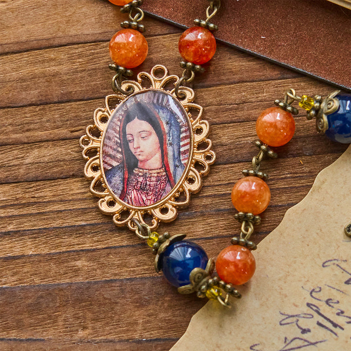 Christianartworkshop Handmade Orange Chalcedony Our Lady St. Benedict Medal Rosary - image 8