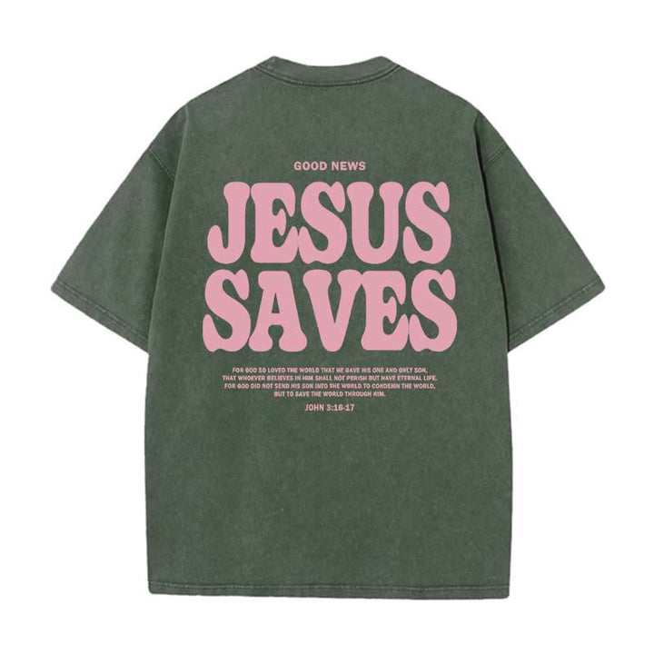 Christianartworkshop Jesus Saves Unisex Washed T-Shirt - Army Green - 5XL - image 0