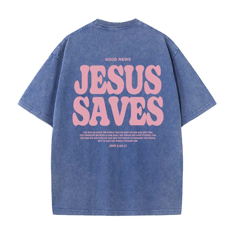 Christianartworkshop Jesus Saves Unisex Washed T-Shirt - Blue - 5XL - image 9