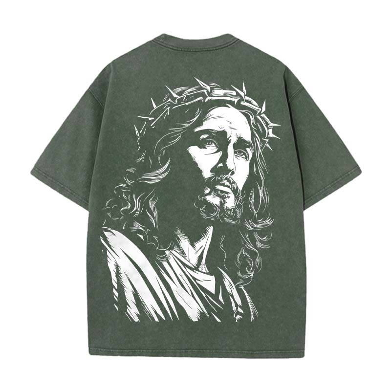 Christianartworkshop Vintage Style Jesus Christ Unisex Washed T-shirt - Army Green - 5XL - image 0