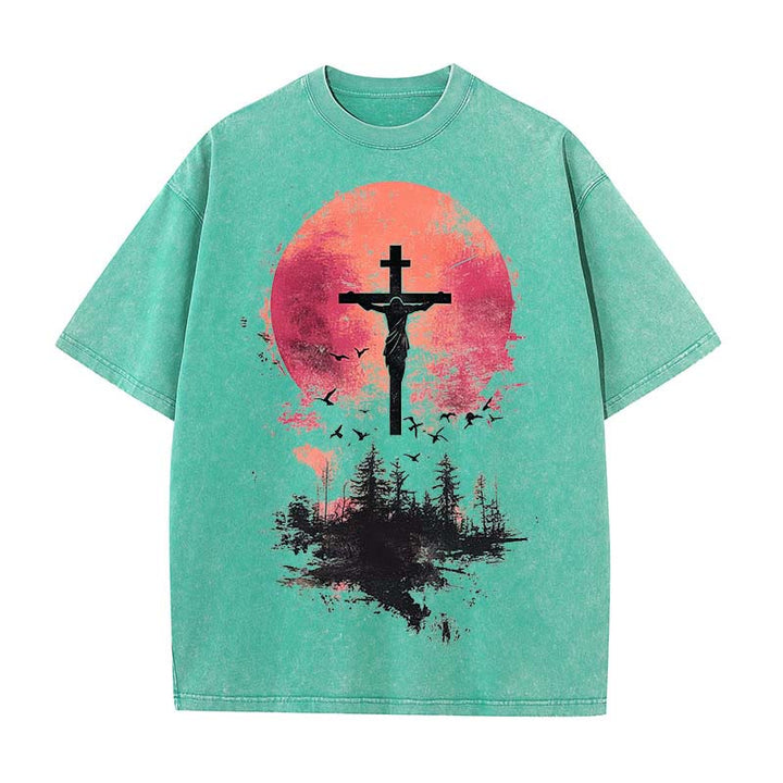 Christianartworkshop Divine Crucifix Over Nature Landscape Unisex Washed T-shirt - Green - 5XL - image 2