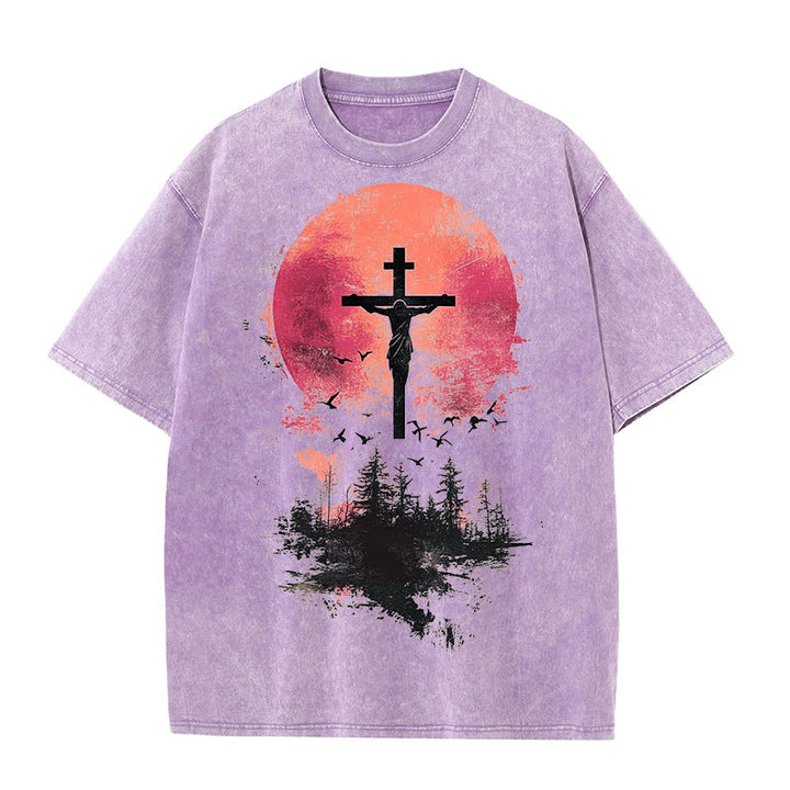 Christianartworkshop Divine Crucifix Over Nature Landscape Unisex Washed T-shirt - Purple - 5XL - image 0
