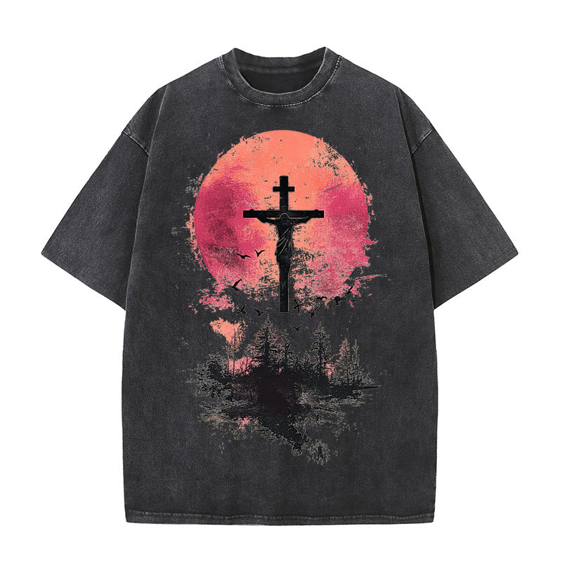 Christianartworkshop Divine Crucifix Over Nature Landscape Unisex Washed T-shirt - Black - 5XL - image 3