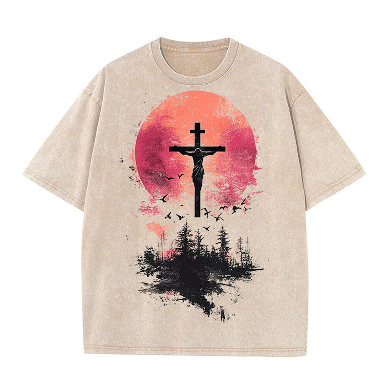 Christianartworkshop Divine Crucifix Over Nature Landscape Unisex Washed T-shirt - Apricot - 5XL - image 6