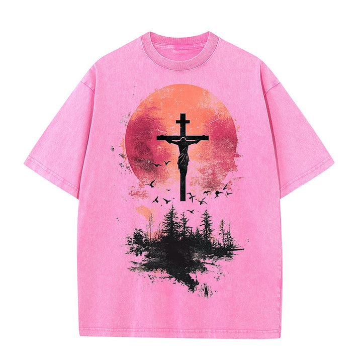 Christianartworkshop Divine Crucifix Over Nature Landscape Unisex Washed T-shirt - Pink - 5XL - image 7
