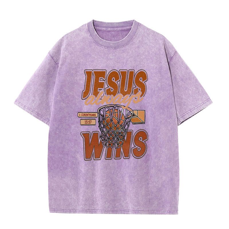 Christianartworkshop Jesus Always Wins Basketball Graphic Unisex Washed T-shirt - Purple - 5XL - image 3