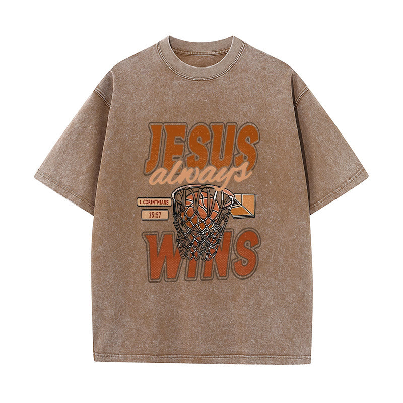 Christianartworkshop Jesus Always Wins Basketball Graphic Unisex Washed T-shirt - Coffee - 5XL - image 2