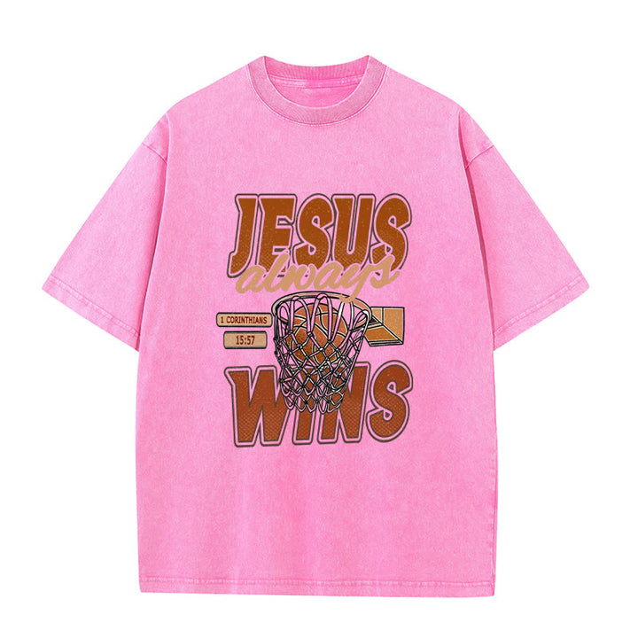 Christianartworkshop Jesus Always Wins Basketball Graphic Unisex Washed T-shirt - Pink - 5XL - image 4