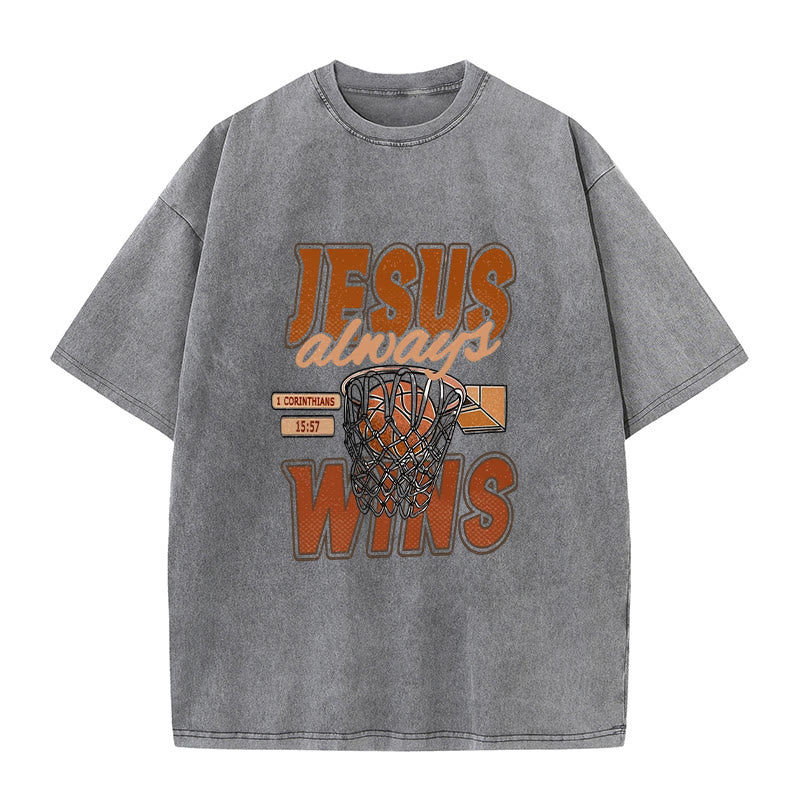 Christianartworkshop Jesus Always Wins Basketball Graphic Unisex Washed T-shirt - Grey - 5XL - image 6