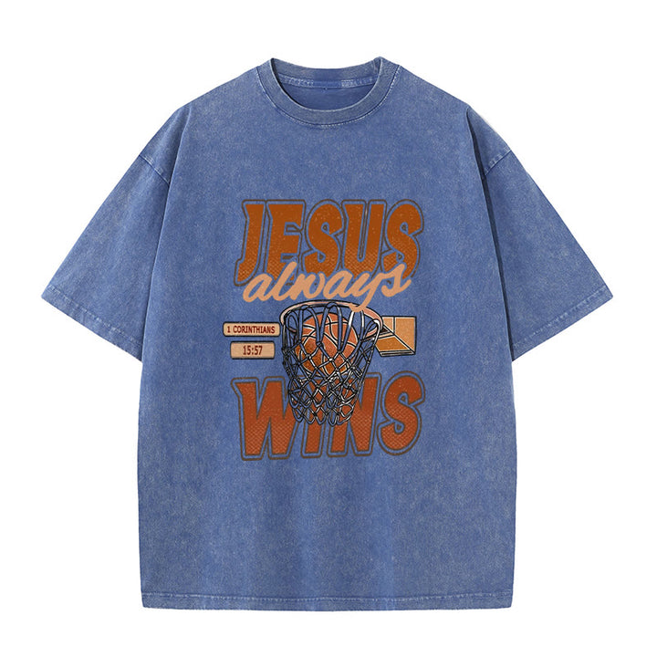 Christianartworkshop Jesus Always Wins Basketball Graphic Unisex Washed T-shirt - Blue - 5XL - image 9