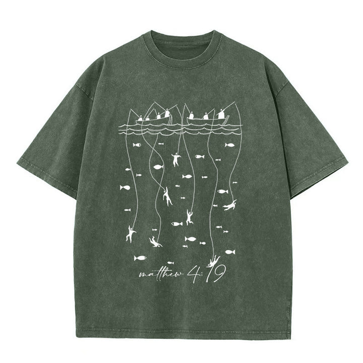 Christianartworkshop Biblical Fishing Narrative Unisex Washed T-shirt - Army Green - 5XL - image 5