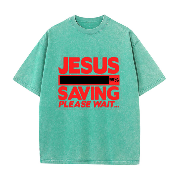 Christianartworkshop Jesus Saving Please Wait Unisex Washed T-shirt - Green - 5XL - image 0