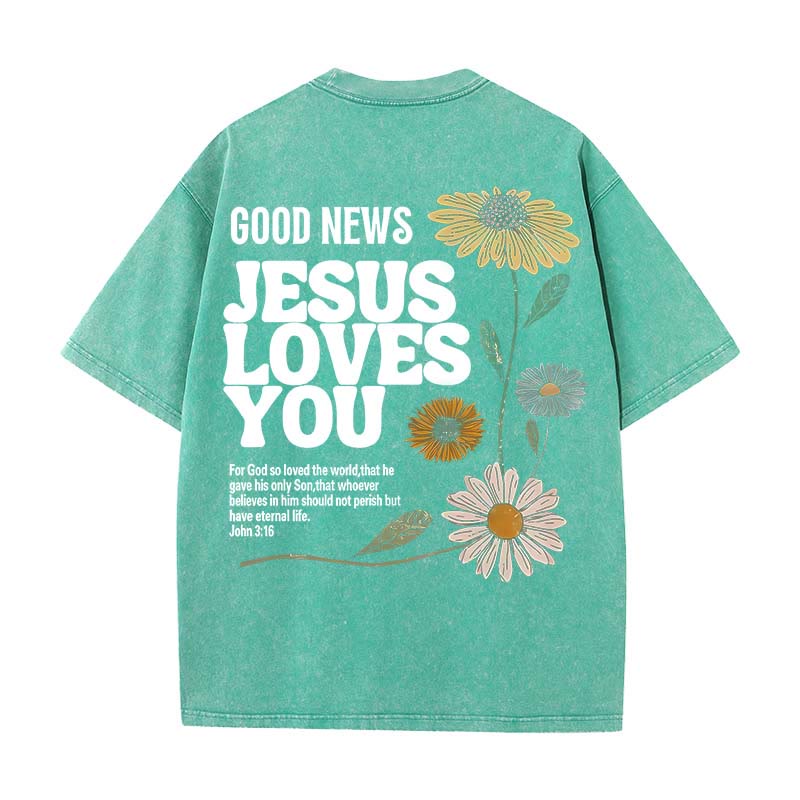 Christianartworkshop Good News Jesus Loves You Unisex Washed T-shirt - Green - 5XL - image 7