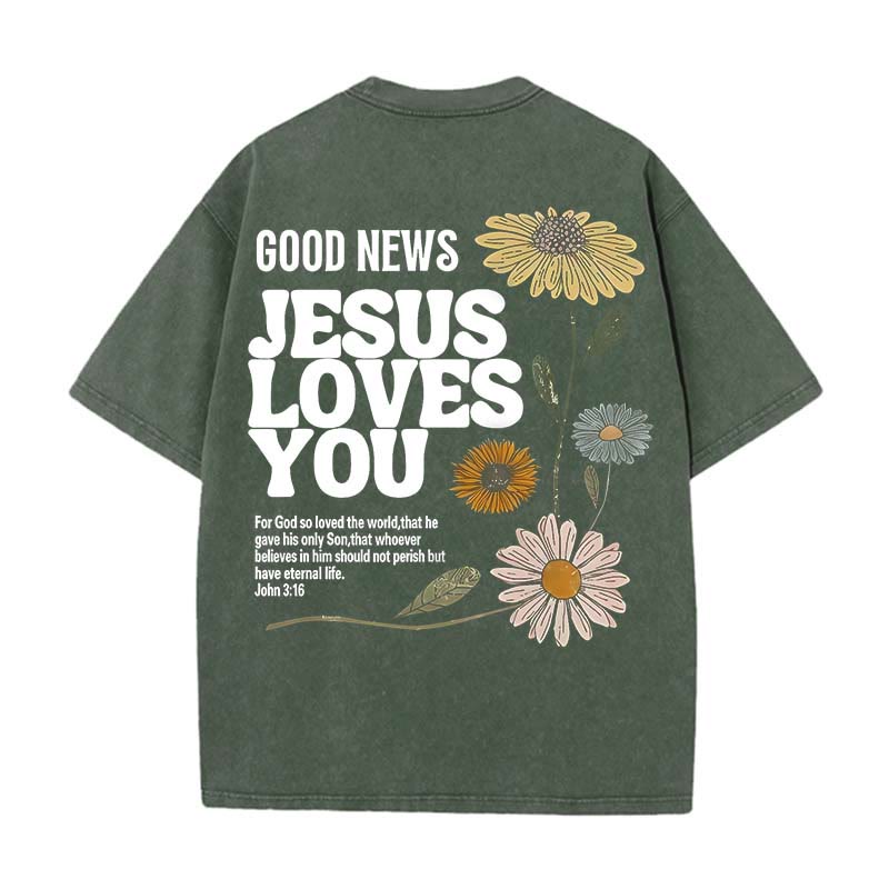 Christianartworkshop Good News Jesus Loves You Unisex Washed T-shirt - Army Green - 5XL - image 9