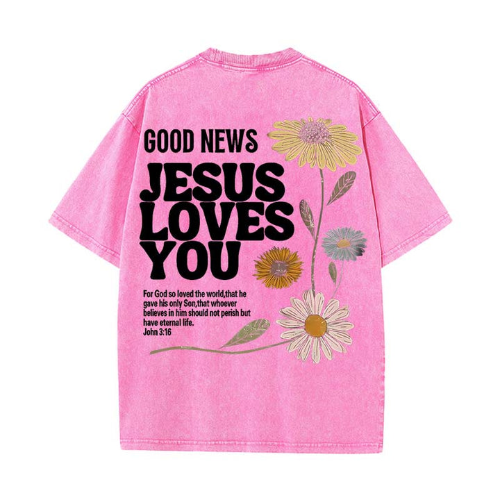 Christianartworkshop Good News Jesus Loves You Unisex Washed T-shirt - Pink - 5XL - image 5