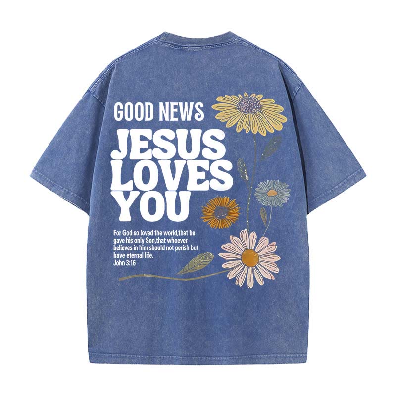 Christianartworkshop Good News Jesus Loves You Unisex Washed T-shirt - Blue - 5XL - image 3