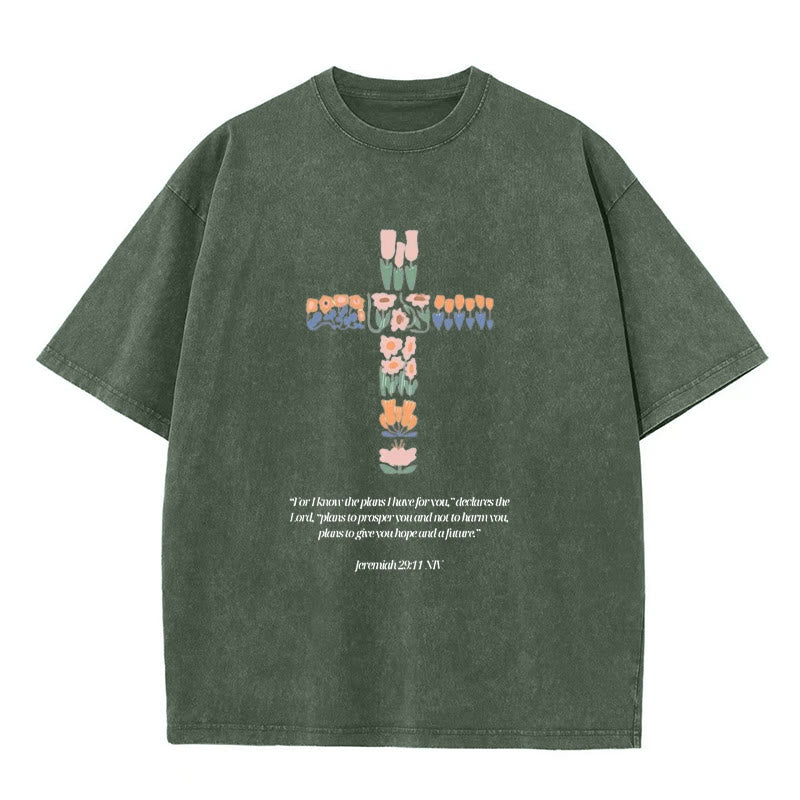 Christianartworkshop Floral Cross with Jeremiah Verse Unisex Washed T-shirt - Army Green - 5XL - image 3