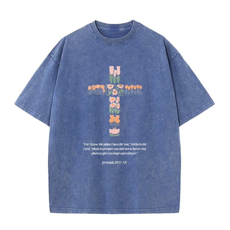 Christianartworkshop Floral Cross with Jeremiah Verse Unisex Washed T-shirt - Blue - 5XL - image 8