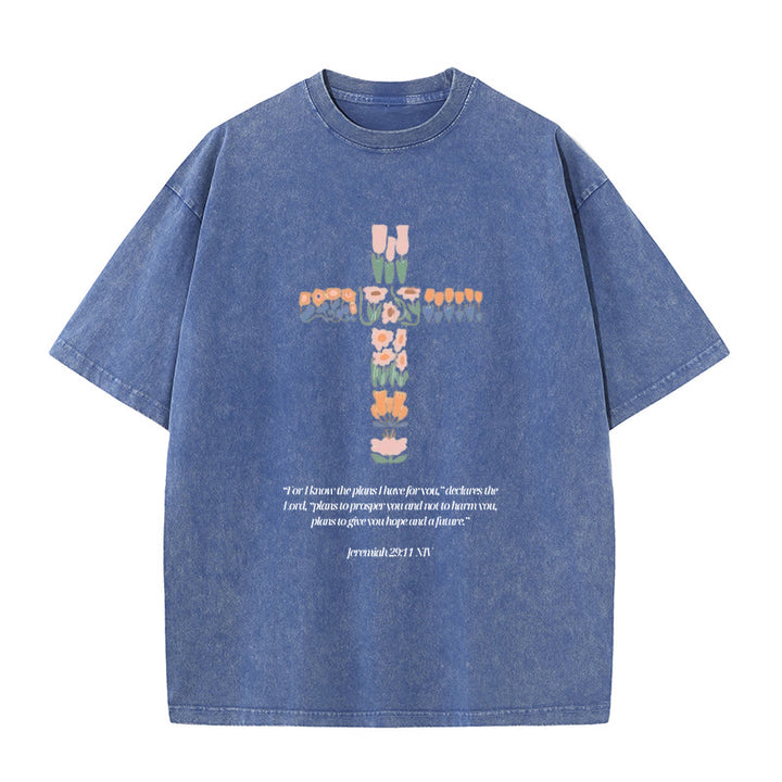 Christianartworkshop Floral Cross with Jeremiah Verse Unisex Washed T-shirt - Blue - 5XL - image 8