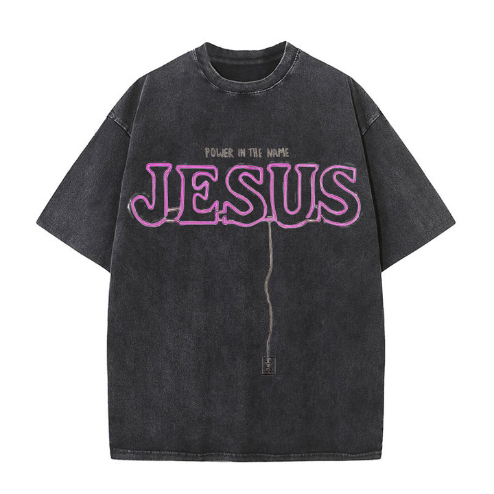Christianartworkshop Power in the Name Jesus Unisex Washed T-shirt - Black - 5XL - image 0