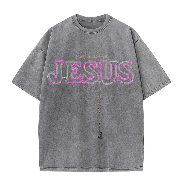 Christianartworkshop Power in the Name Jesus Unisex Washed T-shirt - Grey - 5XL - image 2
