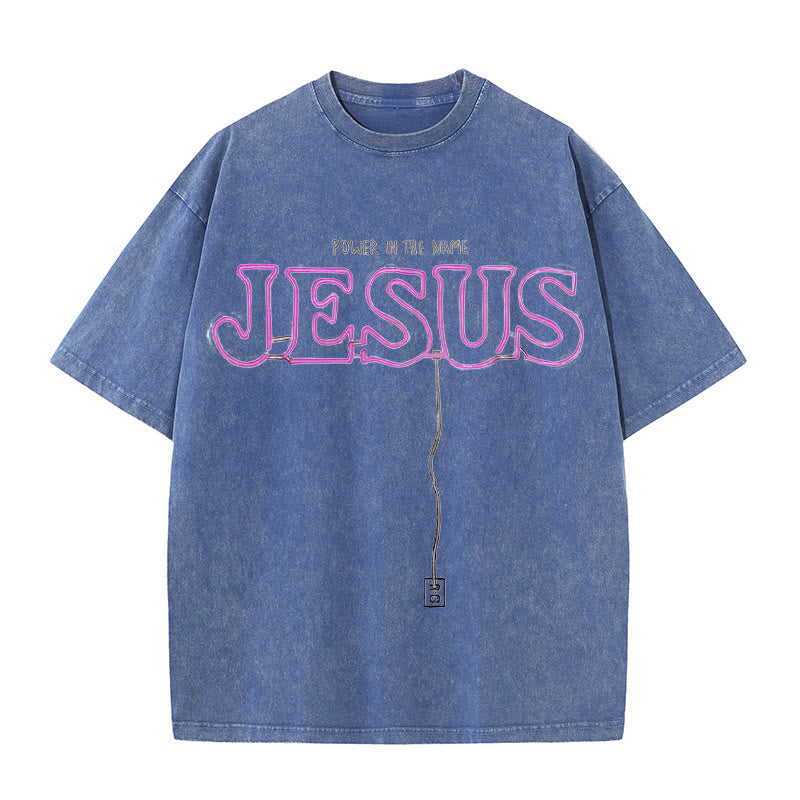 Christianartworkshop Power in the Name Jesus Unisex Washed T-shirt - Blue - 5XL - image 5