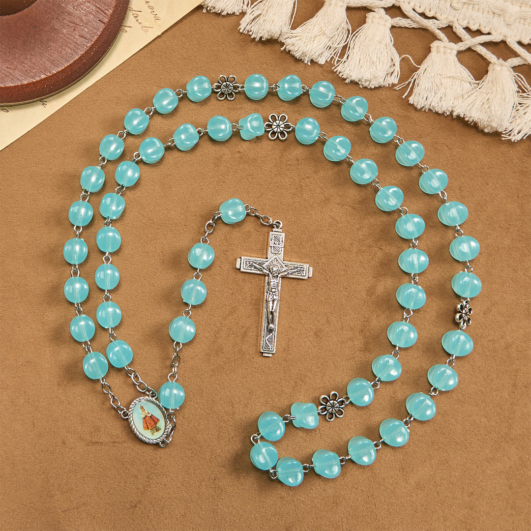 Christianartworkshop Rose Alloy Chain Blue Cube Beads Rosary with Our Lady Icon & Crucifix - Crucifix & Rose - image 0