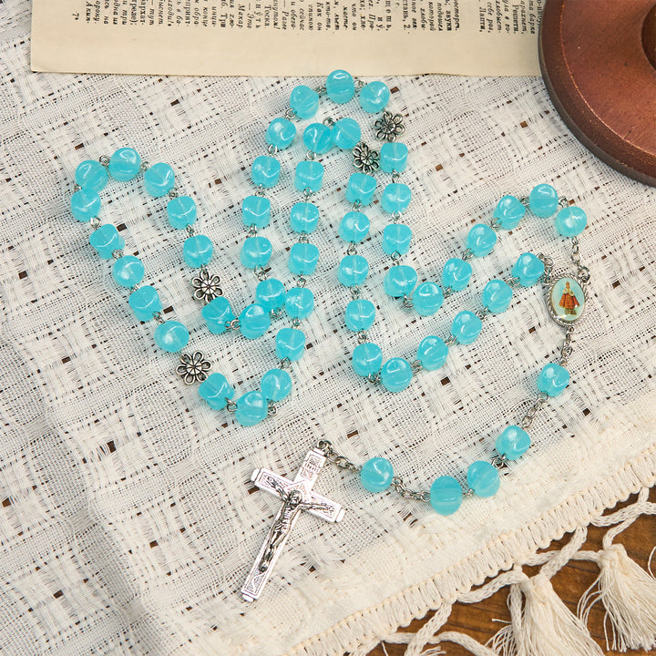 Christianartworkshop Rose Alloy Chain Blue Cube Beads Rosary with Our Lady Icon & Crucifix - image 6