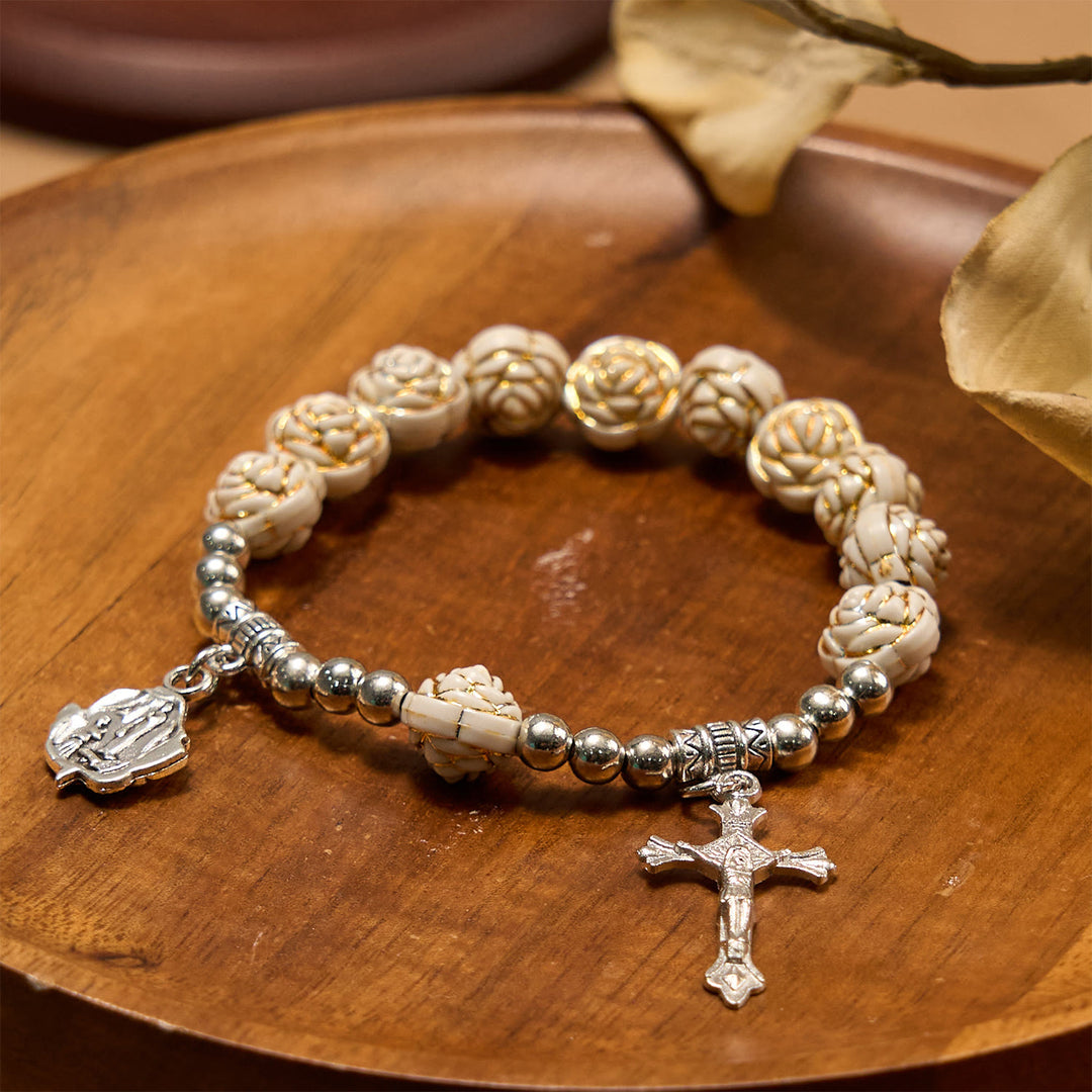 Christianartworkshop Artistically Sculpted 10mm White Rose Bead Rosary Bracelet with Crucifix - image 1