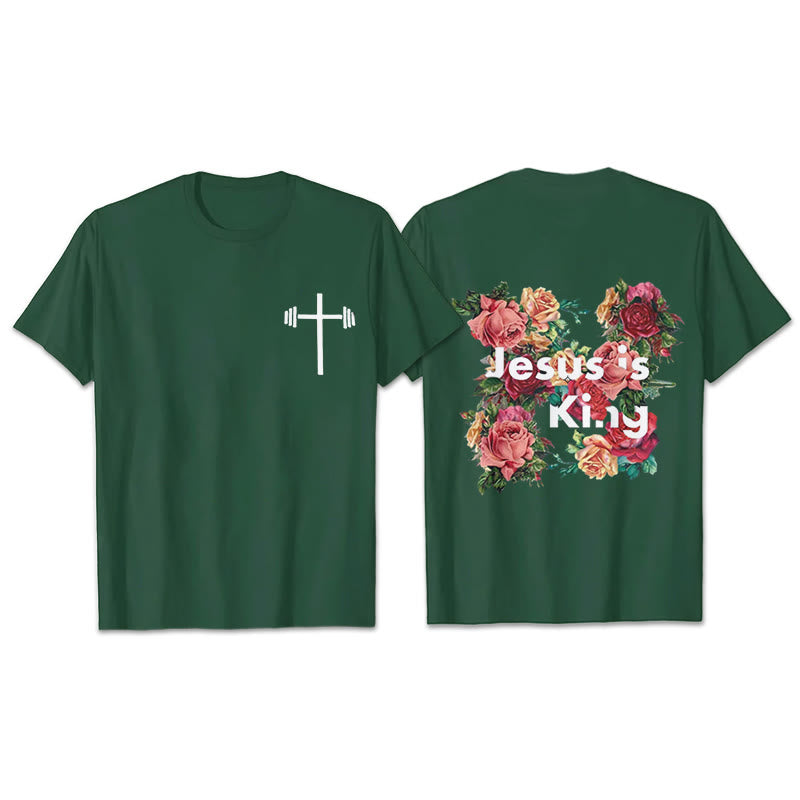 Christianartworkshop Floral Embellished Jesus is King Christian T-Shirt  - Dark Green - 2XL - image 19