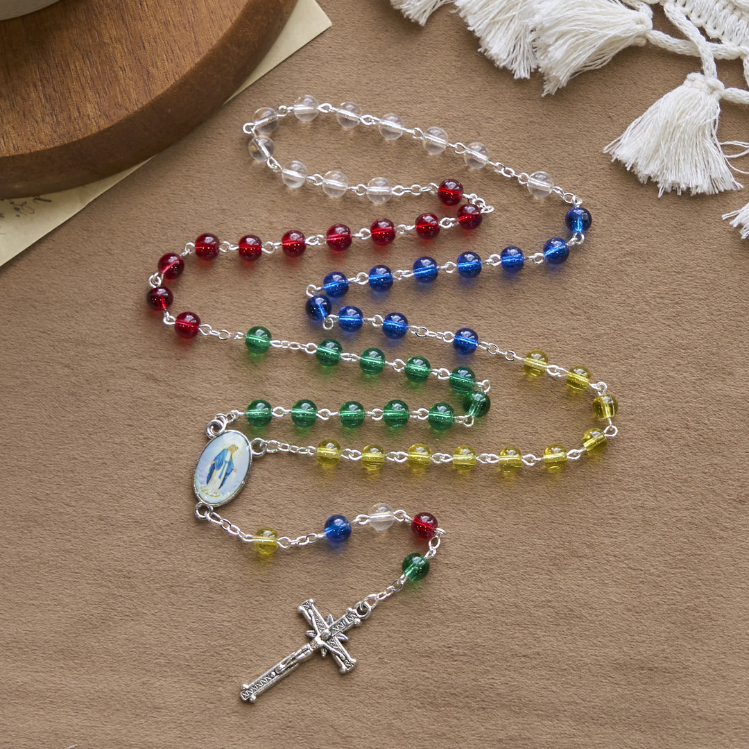 Christianartworkshop Holy Virgin Mary Pendant and Crucifix of 6mm Transparent Multicolor Rainbow Beads Rosary - Our Lady & Crucifix - image 0