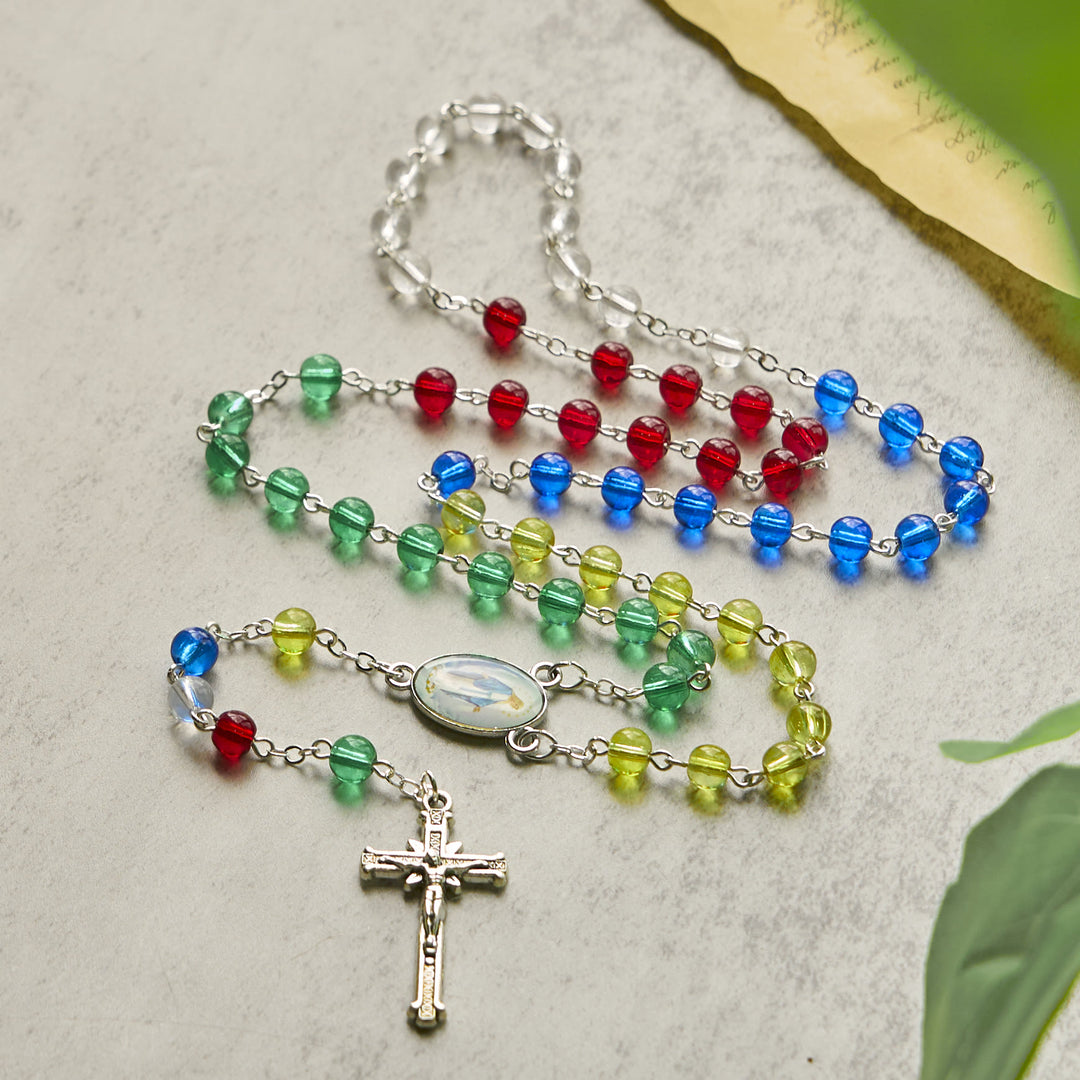 Christianartworkshop Holy Virgin Mary Pendant and Crucifix of 6mm Transparent Multicolor Rainbow Beads Rosary - image 3