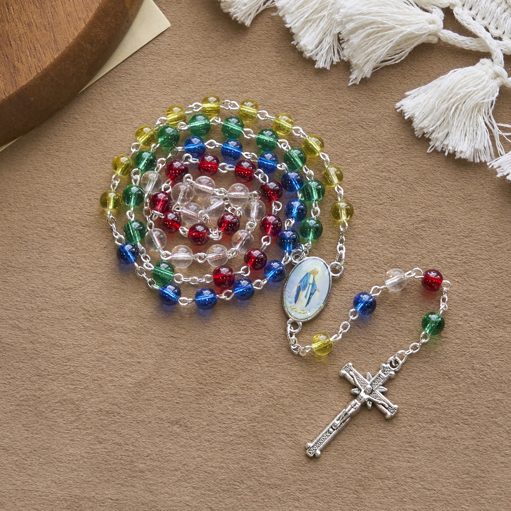 Christianartworkshop Holy Virgin Mary Pendant and Crucifix of 6mm Transparent Multicolor Rainbow Beads Rosary - image 1