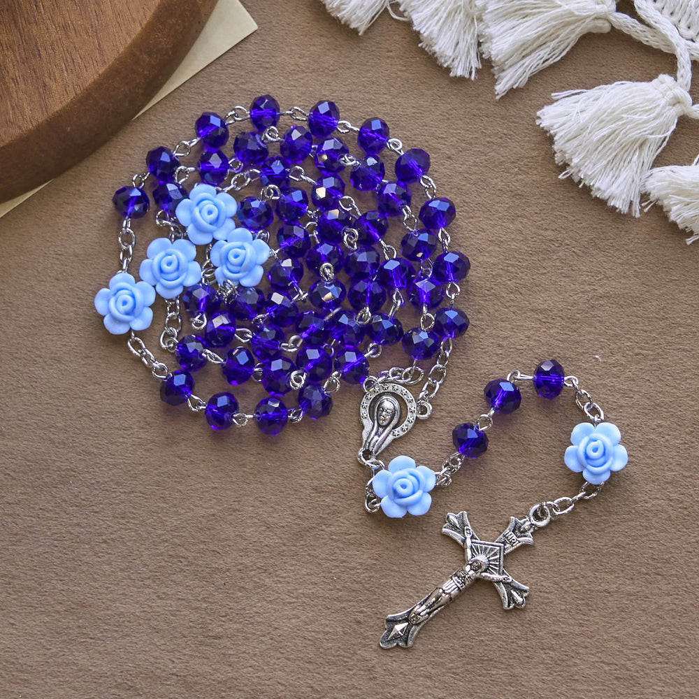 Christianartworkshop Floral Rose Beads and 8mm Multicolor Polyhedral Rosary with Virgin Mary Charm & Crucifix - image 1