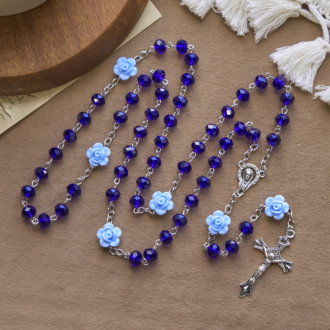 Christianartworkshop Floral Rose Beads and 8mm Multicolor Polyhedral Rosary with Virgin Mary Charm & Crucifix - Blue - image 0