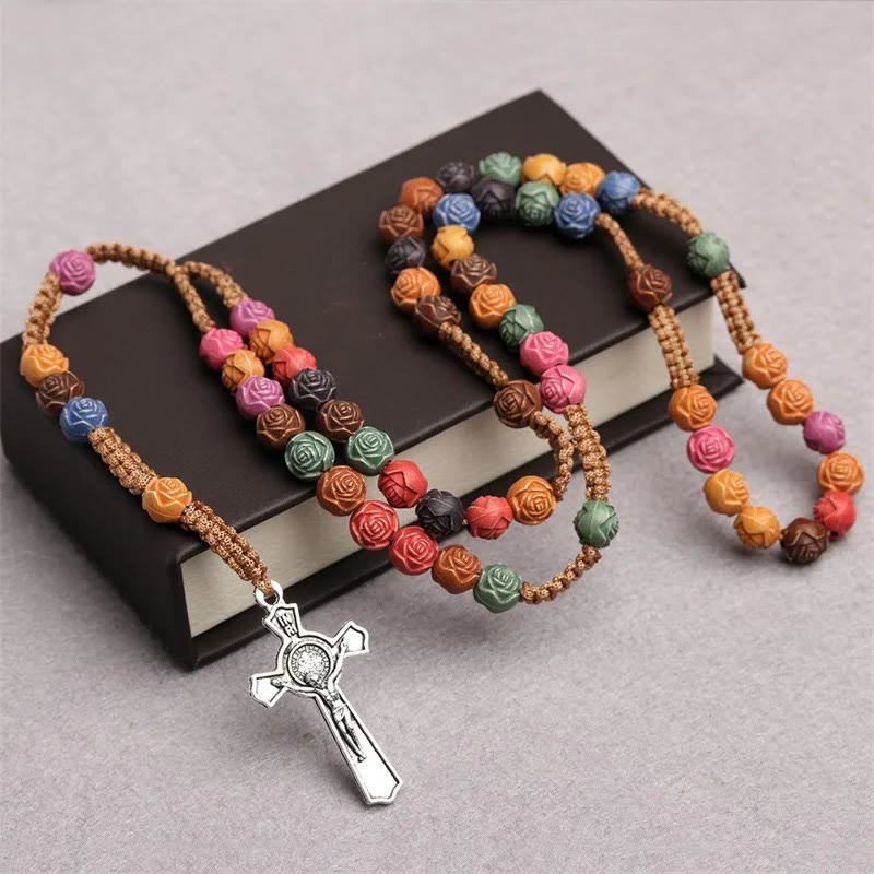 Christianartworkshop Multicolor Prayer Rose Beads Rosary - Green Cord - image 0