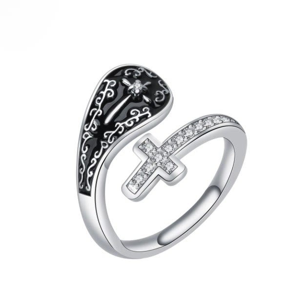 Christianartworkshop Classic Adjustable Artisan Faith Cross Ring with Baroque Patterns and Black Inlay - image 4