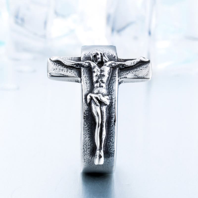 Christianartworkshop Vintage Crucifix Relief Stainless Steel Ring: Strength Through Sacred Sacrifice - image 1