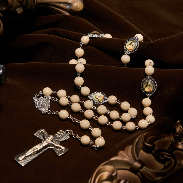 Christianartworkshop Minimalist St. Therese & Miraculous Medal Rosary of Polished White Stone with Crucifix - image 3