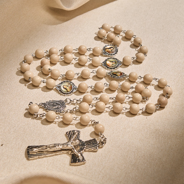 Christianartworkshop Minimalist St. Therese & Miraculous Medal Rosary of Polished White Stone with Crucifix - Our Lady & St. Therese medal - image 0