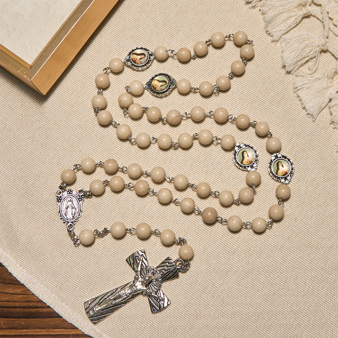 Christianartworkshop Minimalist St. Therese & Miraculous Medal Rosary of Polished White Stone with Crucifix - image 2
