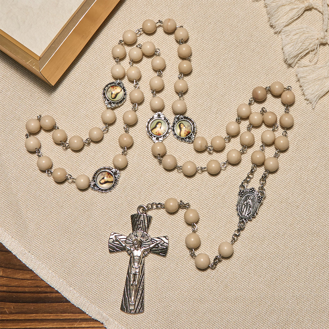 Christianartworkshop Minimalist St. Therese & Miraculous Medal Rosary of Polished White Stone with Crucifix - image 1