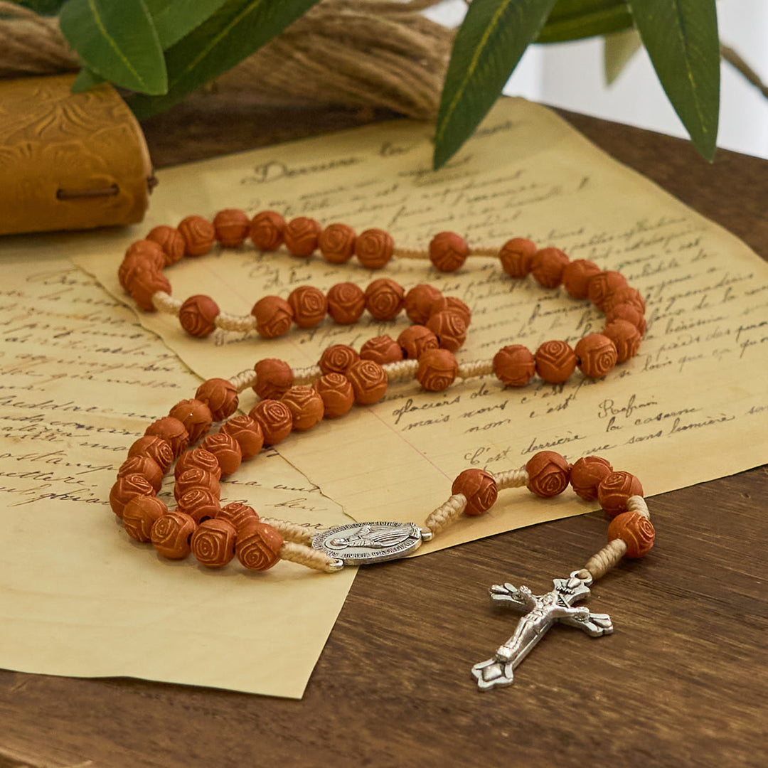 Christianartworkshop Carved Amber Floral Rose Beads Rosary with Miraculous Medal: Bloom of Devotion - image 3